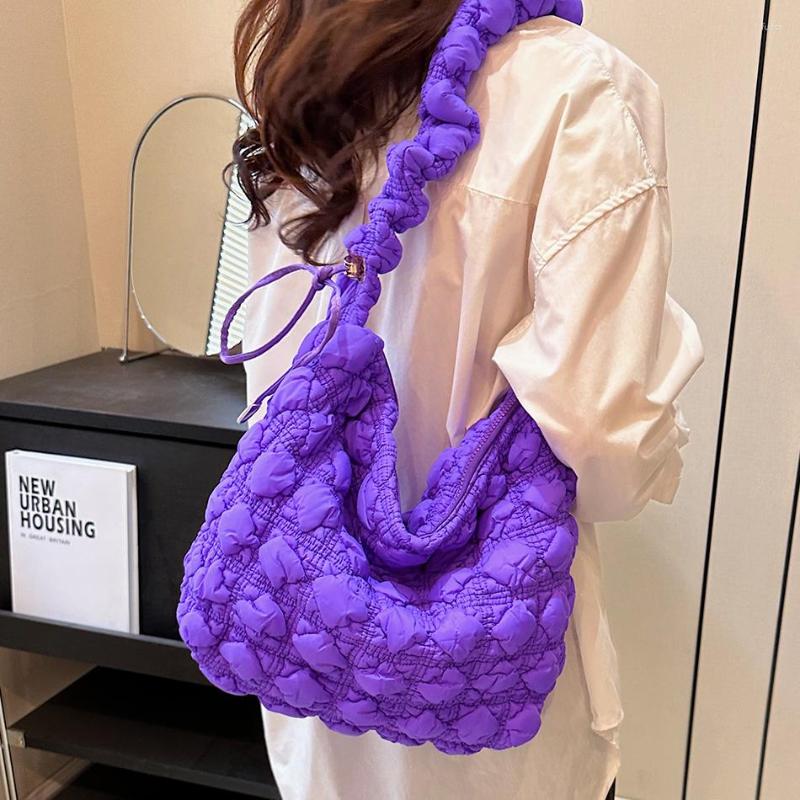 

Evening Bags Candy Color Big Crossbody For Women Quilted Nylon Plus Cotton Purses And Handbags Luxury Trend Padded Pleated Shoulder Bag, Purple