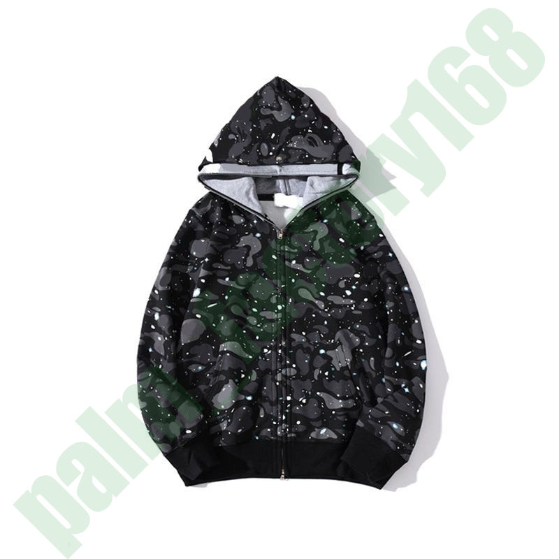 

Quality Men's and Women's Shark Hoodie Camo Star Sky Double Hat Cotton Embroidery Cartoon Print Zip ape Hoodie333, White