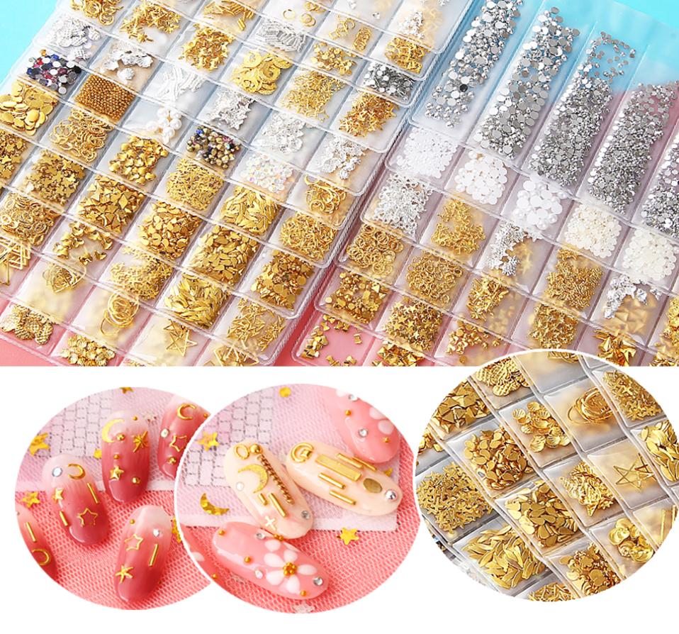 

Gold Nail Art Decorations Studs Accesoires Nails Design Jewelry Manicure Metal Nail Charms Stone 3D Strass Ongles Supplies4365366