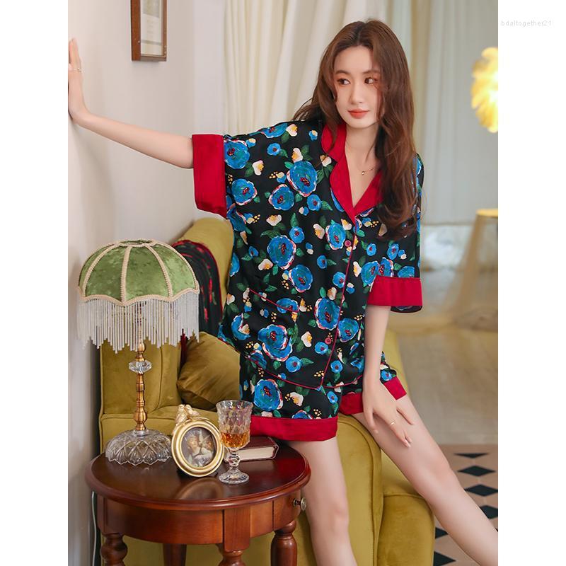 

Women's Sleepwear QSROCIO Women's Summer Silk Like Pajamas Fashion Short Sleeve Shorts Two Piece Set Luxury Printed Thin Casual Home, Blue