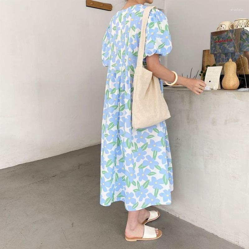 

Casual Dresses Women Cottagecore A-line Midi Sundress Kawaii Girls Clothes Summer Round Collar High Waist Folds Floral Printed Long For, Blue