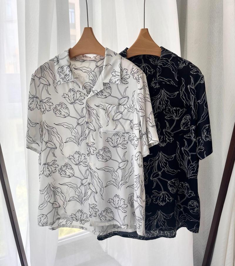 

Women's Blouses 2023 Spring Summer Chic Women's High Quality Silk Floral Print Short Sleeves Casual Loose Shirt Tops C233, White