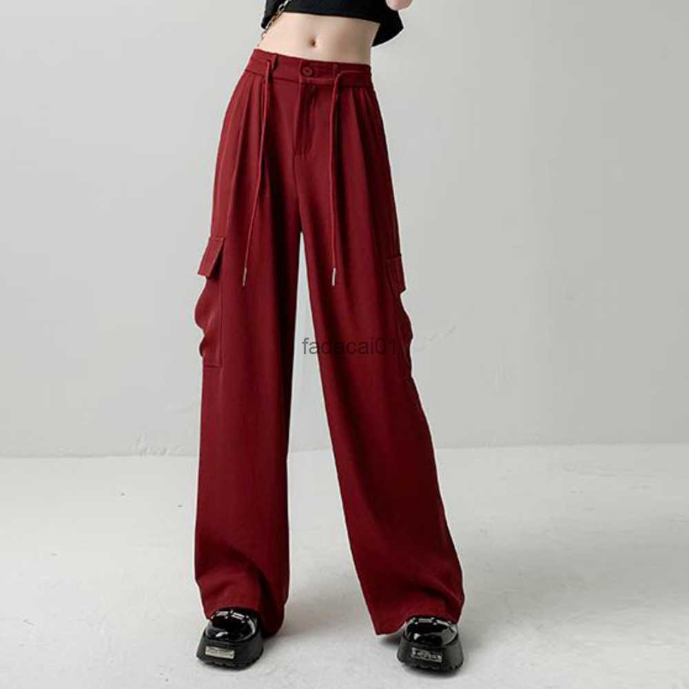 

Ladies Streetwear Casual Wide Leg Pants With Pockets Elegant High Waist Women's Fashionable Straight Trousers Vintage Bottoms L230621, Claret