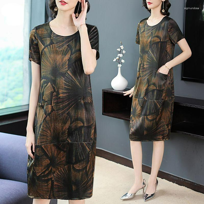 

Party Dresses Middle-aged Mother Summer Natural Silk Dress Elderly Women Temperament Long Solid Printed Commuting Loose Vestidos Q120, Yellow