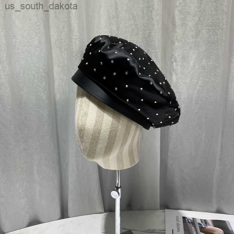 

2022 New Satin Rhinestone Beret Cap Women's Fashion Black Painter Hat Spring and Autumn Octagonal Hats Newsboy Gorras Casquette L230523