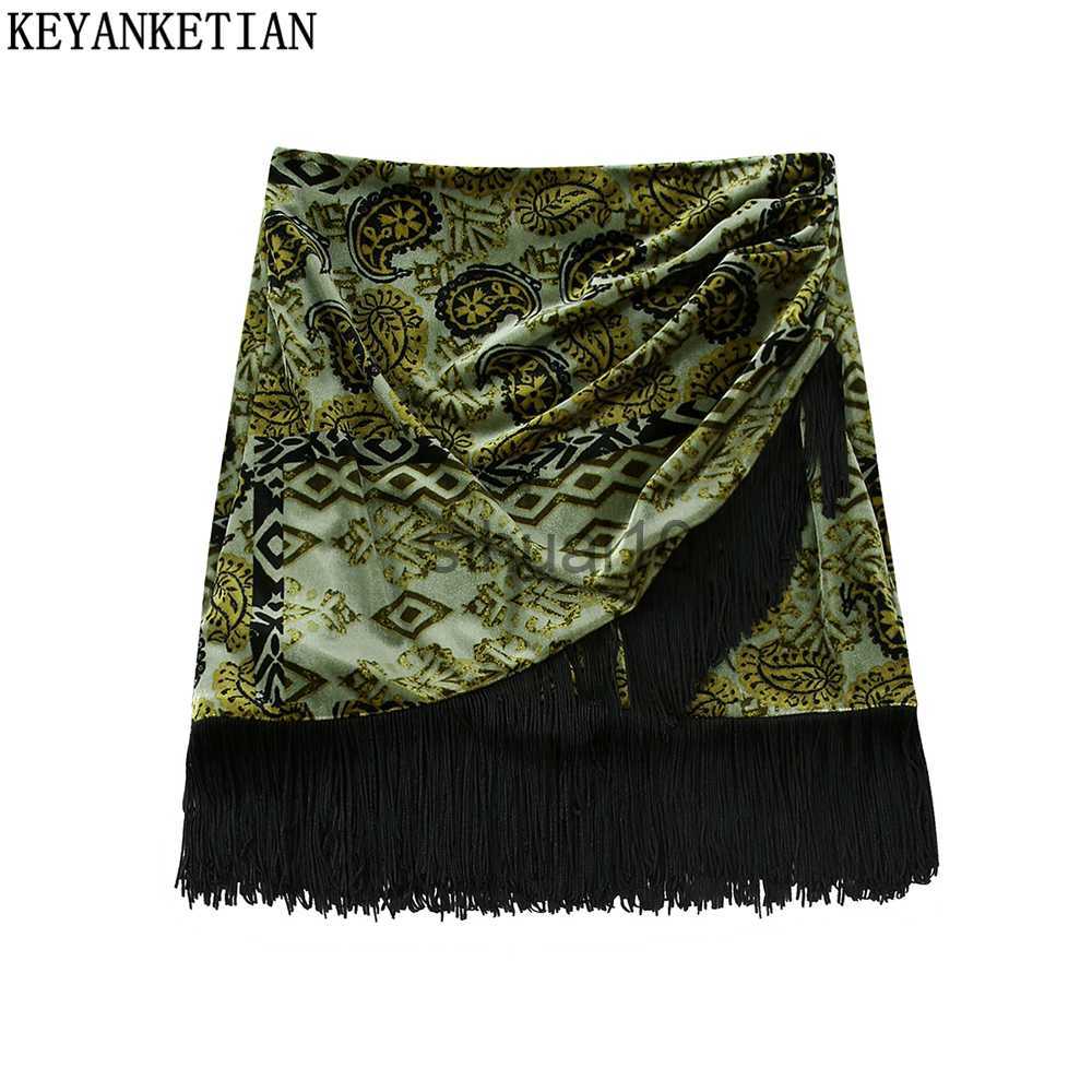 

Skirts KEYANKETIAN Women Vintage Paisley Floral Print Hem Tassel Stitching Velvet Mini Skirt Faldas Mujer Female Chic Slim Vestidos J230621, Mixed color