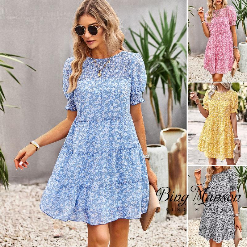 

Casual Dresses Spring Vintage Floral Print Dress Women Summer Female Sexy O-Neck Long Sleeve High Waist Ladies Elegant, Black