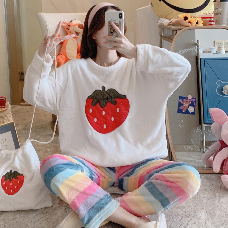 

Women's Sleepwear O-Neck Top&Striped Pant 2PCS Lady Pajamas Set Flannel Warm Cute Homewear Autumn Winter Nightwear With Cloth Bag Casual, White