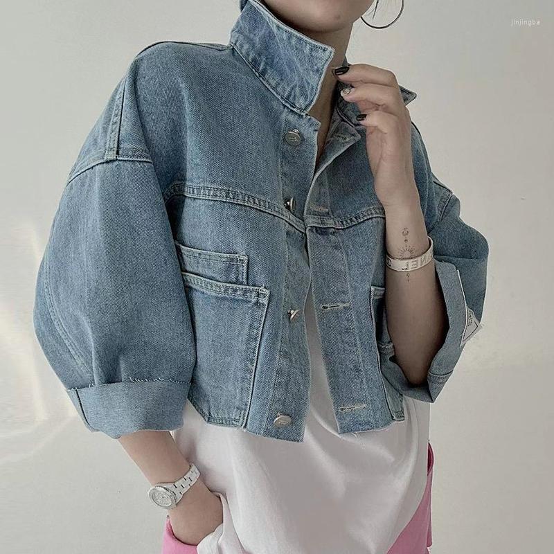 

Women's Jackets Vintage Niche Lapel Open Line Design Women Jacket Big Pocket Loose Casual Tops 2023 Summer Short Sleeve Denim Woman, Picture color