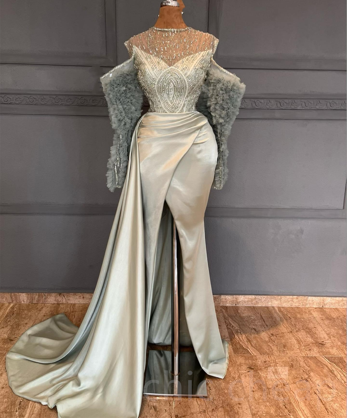 

2023 Aso Ebi Silver Mermaid Prom Dress Beaded Satin Evening Formal Party Second Reception Birthday Bridesmaid Engagement Gowns Dresses Robe De Soiree ZJ416, Customize