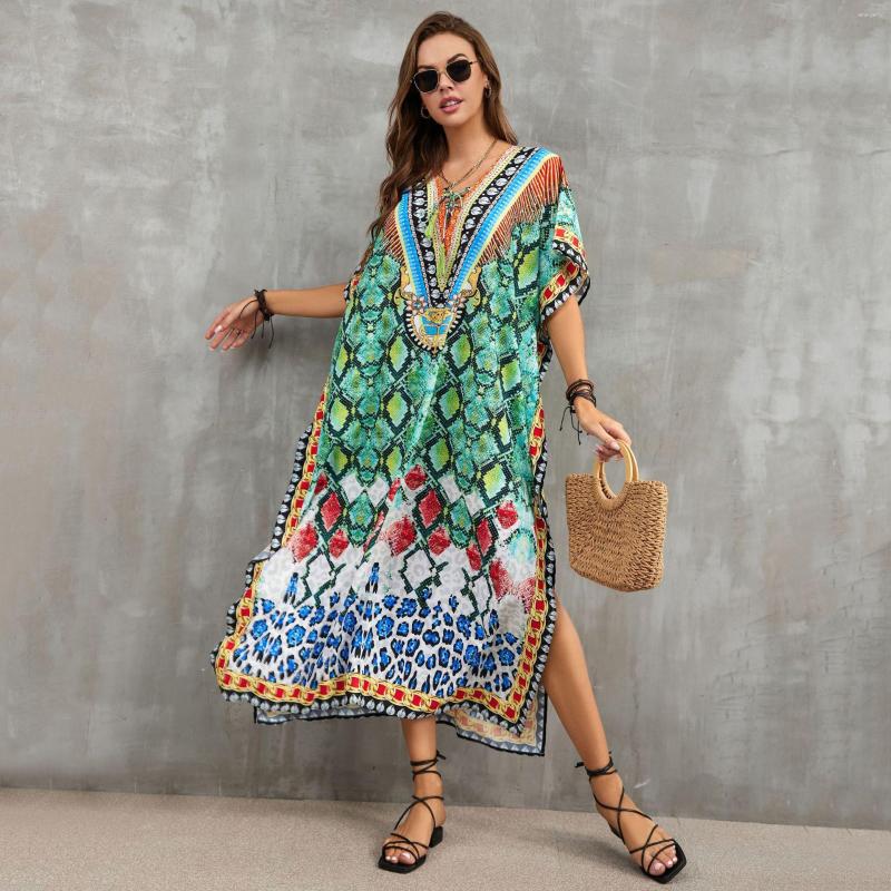 

Party Dresses 2023 Print Swimsuit Kaftan Fashion Dress Pockets Beachwear Beach Women Clothing Easy Long Verano