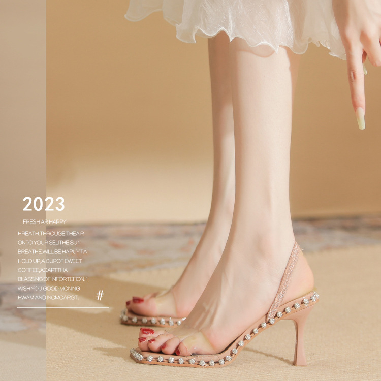 

Women's High Heeled Sandals Slim Heels Summer Transparent Rhinestone Sandals, Black