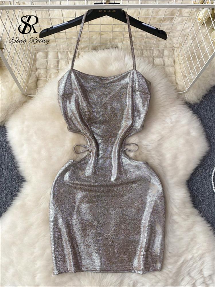 

Casual Dresses SINGREINY Fashion Hollow Out Sexy Mini Sundress Women Halter Neck Sleeveless Slim Short Dress Sliver Shiny Backless Beach