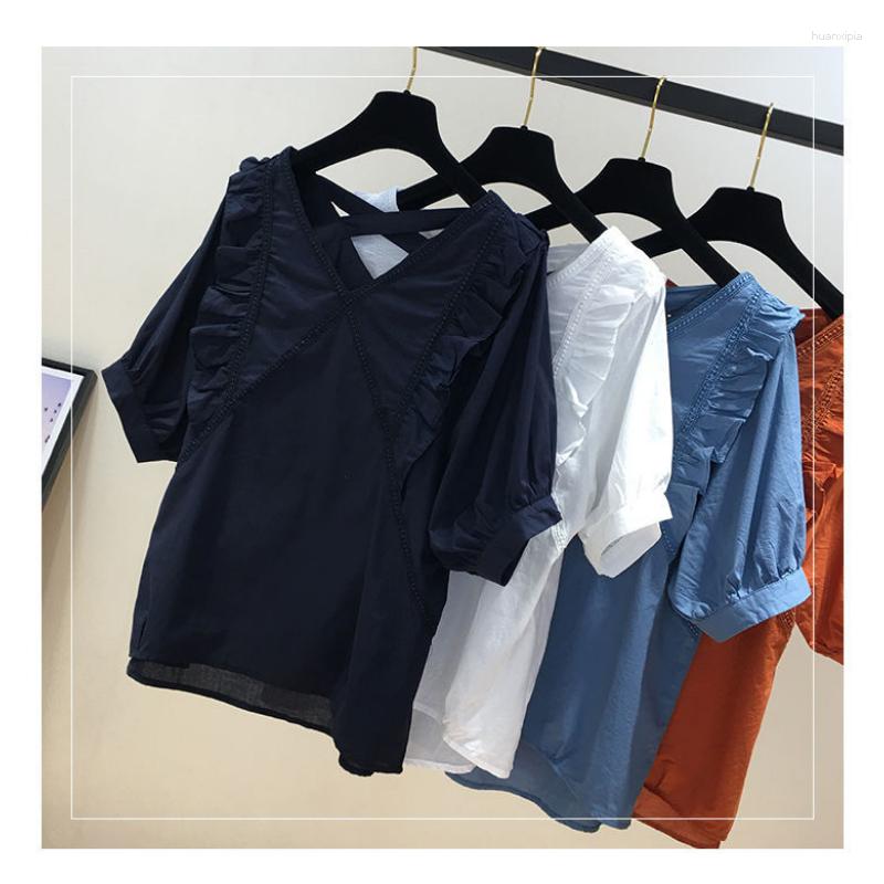 

Women's Blouses Short-sleeved Chiffon Shirt Women Thin Summer Wood Ear Edge V-neck Casual Tops Backless Hollow Fashion Blouse, Green