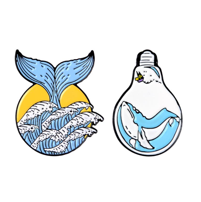 

selling cute cartoon creative broken split joint blue whale in bulb white waves whale tail pin badge brooch2540372