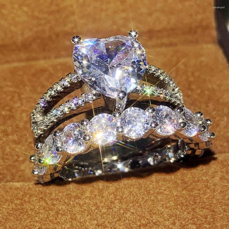

Cluster Rings Size 5-12 Top Selling Luxury Jewelry 925 Sterling Silver Heart Shape 5A Cubic Zirconia Couple Party Women Wedding Ring Set