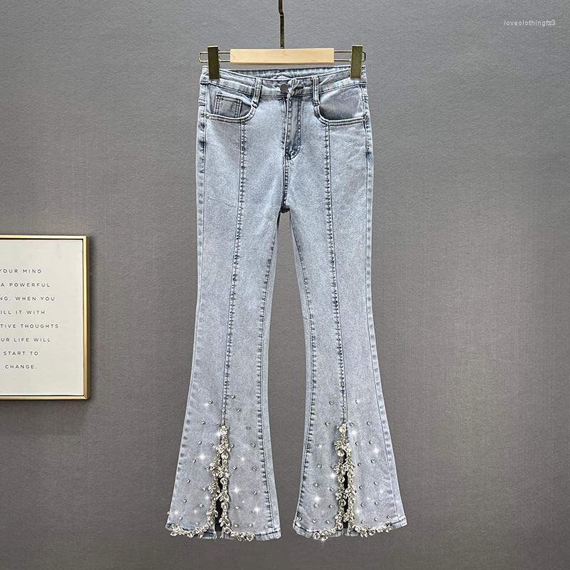 

Women' Jeans 2023 Spring Summer Flared Pants Female Elastic Slim Fashion Diamonds Beading Jean For Women Steetwear Denim Trousers, Light blue