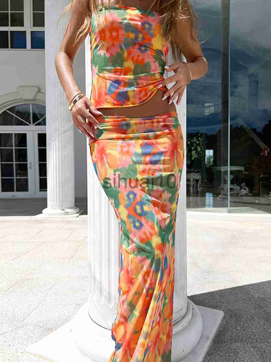 

Skirts Sexy Women Summer Outfits Colorful Floral Sleeveless Bandeau Tops And Casual Elastic Long Skirt Set Clubwear Club Street Style J230621