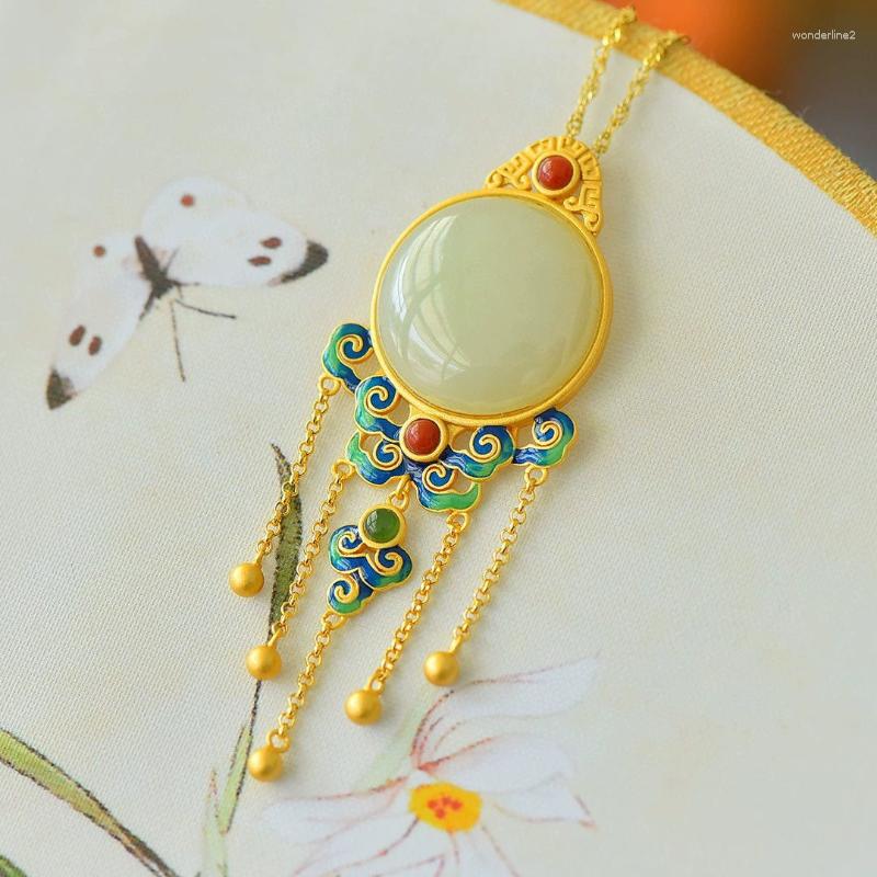 

Chains Luxury Court Style Tassel Pendant Natural An Jade Enamel Auspicious Clouds Classic Exquisite Clavicle Chain Jewelry