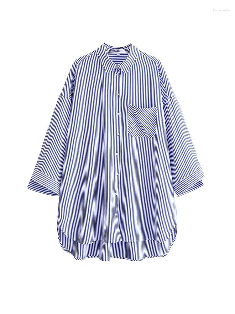 

Women's Blouses Women Blue Striped Print Loose Shirts Single Breasted Long Tops Oversized