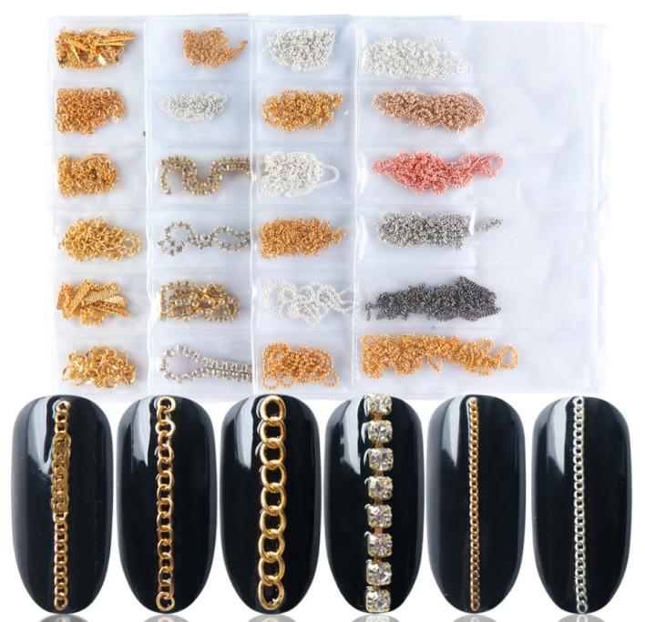 

6 Types Nail Art Accessory Alloy Chains 3D Nail Decorations Studs Manicure Wraps DIY Nail Design Polish Metal Jewelry LEFB01047473313