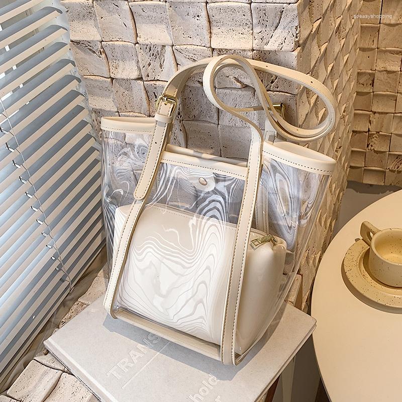 

Evening Bags Fashion Transparent Pvc Handbags For Women Soft Pu Leather Bag Summer Beach Composite Bucket Purses Tote Shopping, Black