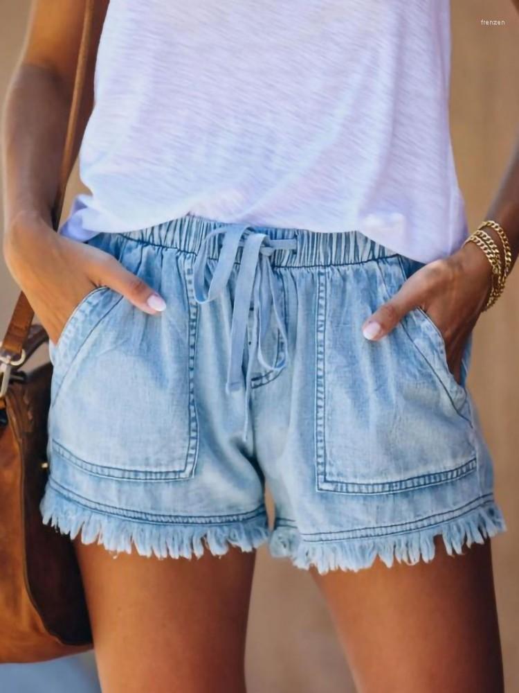 

Women' Shorts Summer Denim For Women Drawstring Elastic Waist With Pockets High Short Female Casual Jean Pants, White