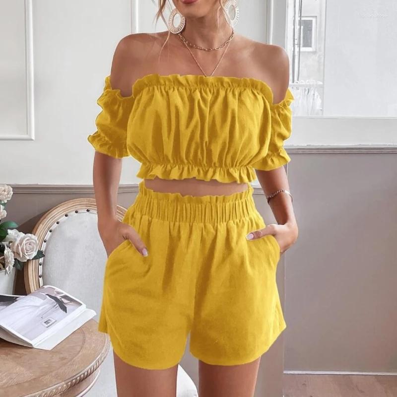 

Women' Tracksuits Women' Two Piece 2023 European American Spring Casual Solid Color Collage Wrapped Chest Short Sleeve Top And Shorts
