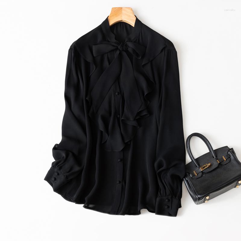 

Women's Blouses Natural Silk V Neck White Long Sleeve Real Blouse Tops With Ruffles For Women Office Wear Shirts Work