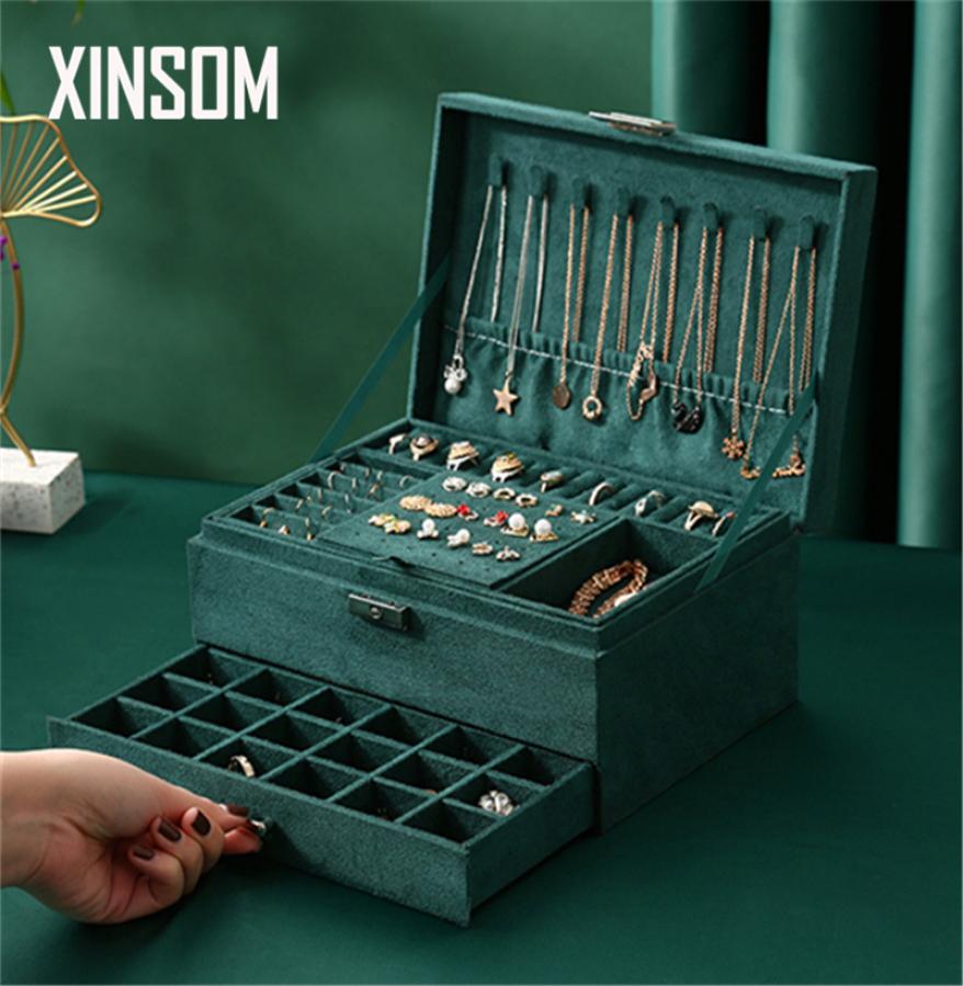 

Vintage Big Jewelry Box High Capacity Three Layers Necklace Earrings Rings Bracelets Jewelry Storage Box Velvet Casket1718796