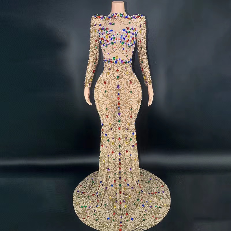 2023 African diamond Sequins Mermaid Prom Dresses With Long Sleeves High Neck Plus Size Sparkly Beaded Evening Pageant Gowns Robe De Soiree cockt-image-878479226