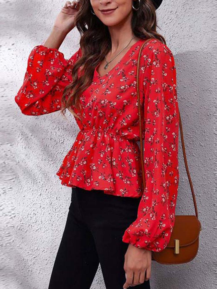

Women's Blouses 2023 Autumn Long Sleeve Blouse Women Loose Floral Print Ladies V Neck Flower For, Blue floral