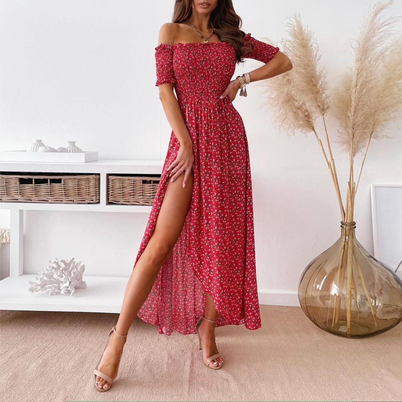 

Casual Dresses Women's High Slit Floral Print Dress 2023 Summer Midi Short Sleeve Sexy Off Shoulder Tunics Long Beach Party, Green