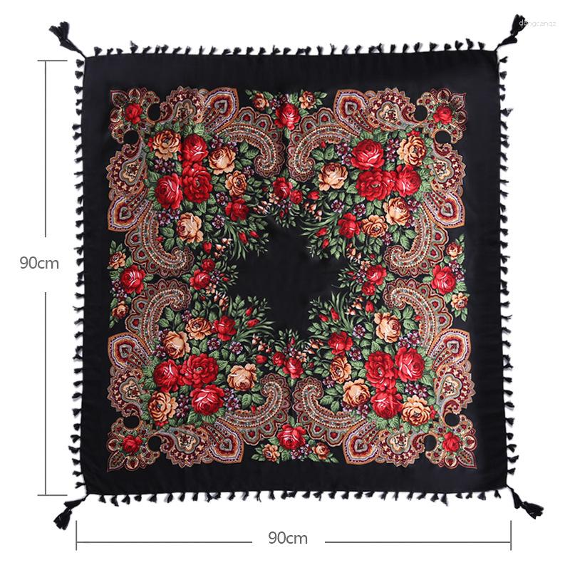 

Scarves 90 90cm Women Russian Scarf Retro Floral Print Square Bandana Shawl Female Fringed Ukrainian Babushka Handkerchief Wraps