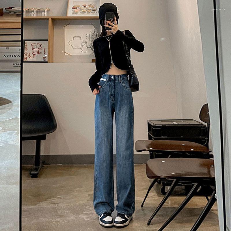 

Women' Jeans Women' Retro Blue Vintage Washed Pockets Wide Leg Trousers Casual Street High Waist Baggy Denim Trouser Ladies Pants A178, Retro blue with belt