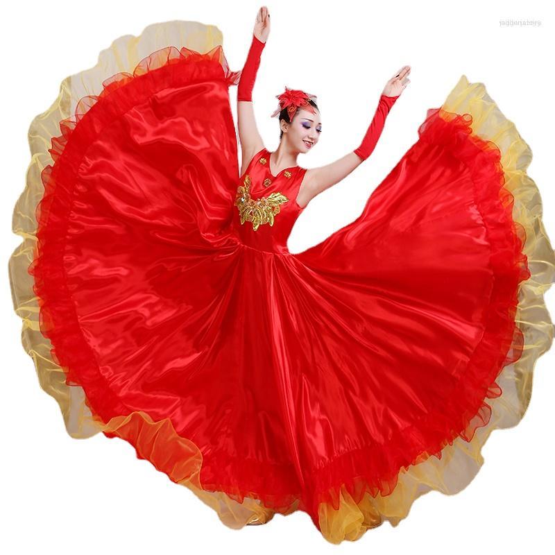 

Stage Wear Female Long Full-skirt Spanish Flamenco Nation Dance Costume Opening Dress Performance Chorus Suit Red, Red360