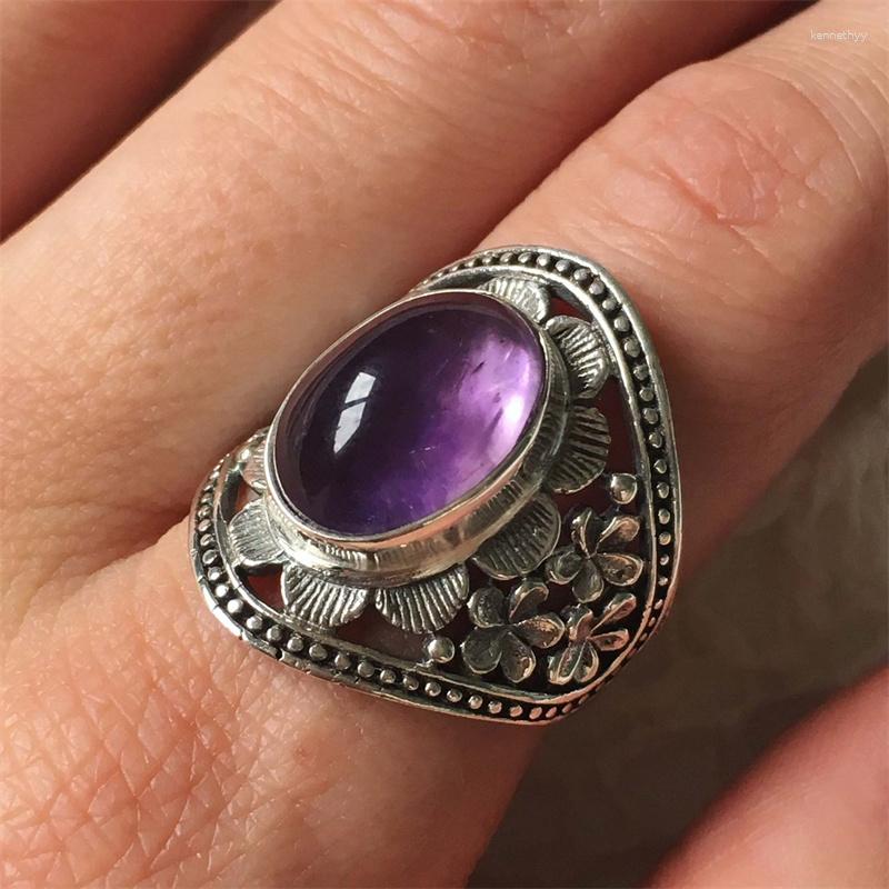 

Wedding Rings Luxury Female Big Oval Flower Ring Fashion Silver Color Engagement For Women Vintage Purple Stone Jewelry