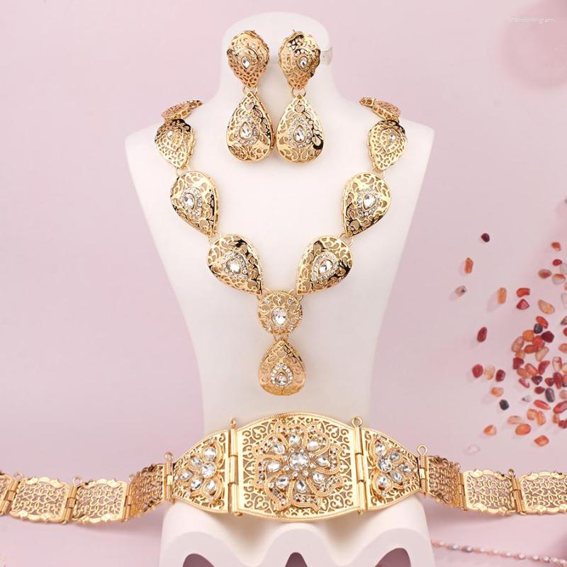 

Necklace Earrings Set Gold Plated Moroccan Caftan Wedding Jewelr Rhinestone Chain Belt For Women Turkish Ethnic Bridal Bijoux De Mariage, Picture shown