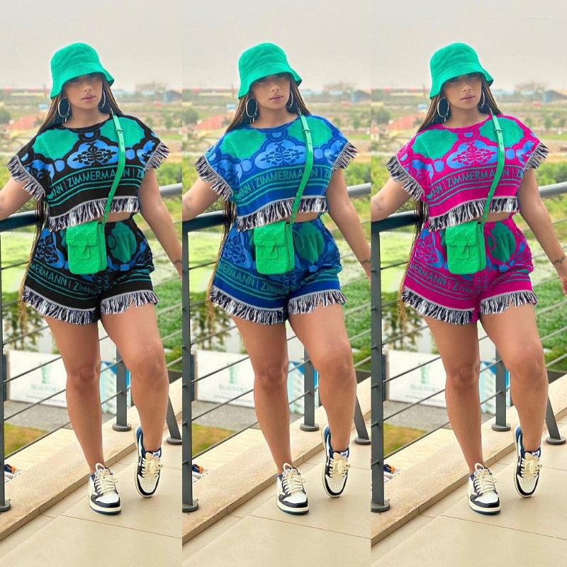 

Women' Tracksuits MOOVOOK 2023 Summer Fashion Print Round Neck Tassel Short-Sleeved T-shirt Loose Comfortable Shorts Two-Piece Suit, Black