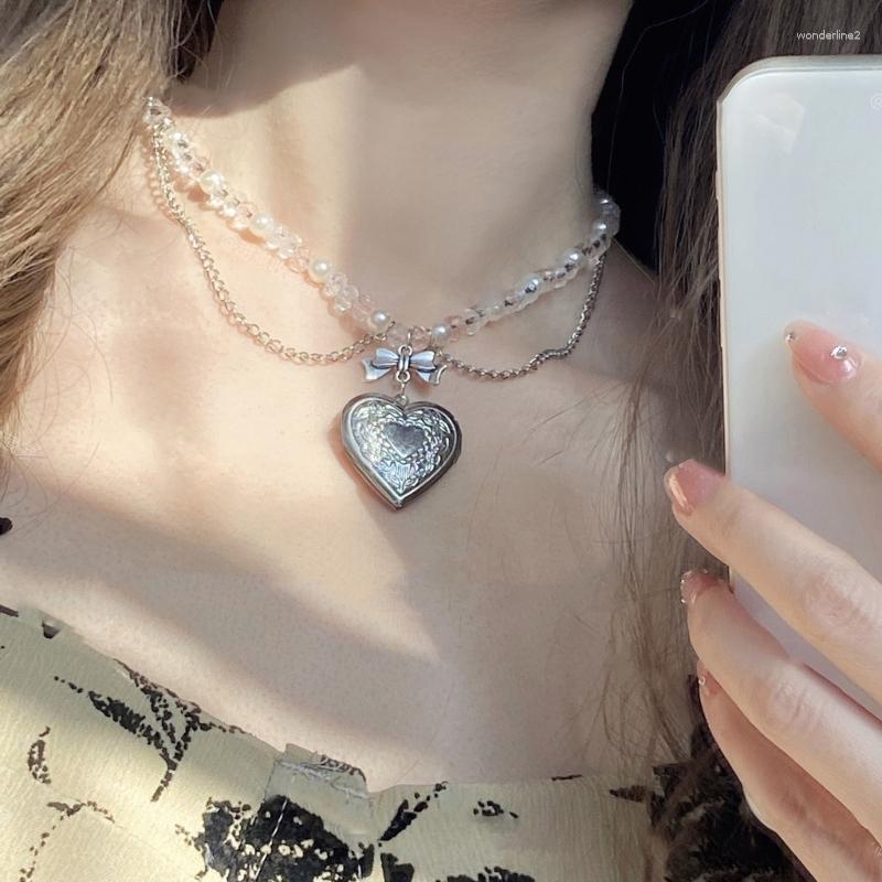 

Chains 652F Sweet Heart Pendant Necklace Choker Temperament Clavicle Chain Collar Party Jewelry Y2K Beaded