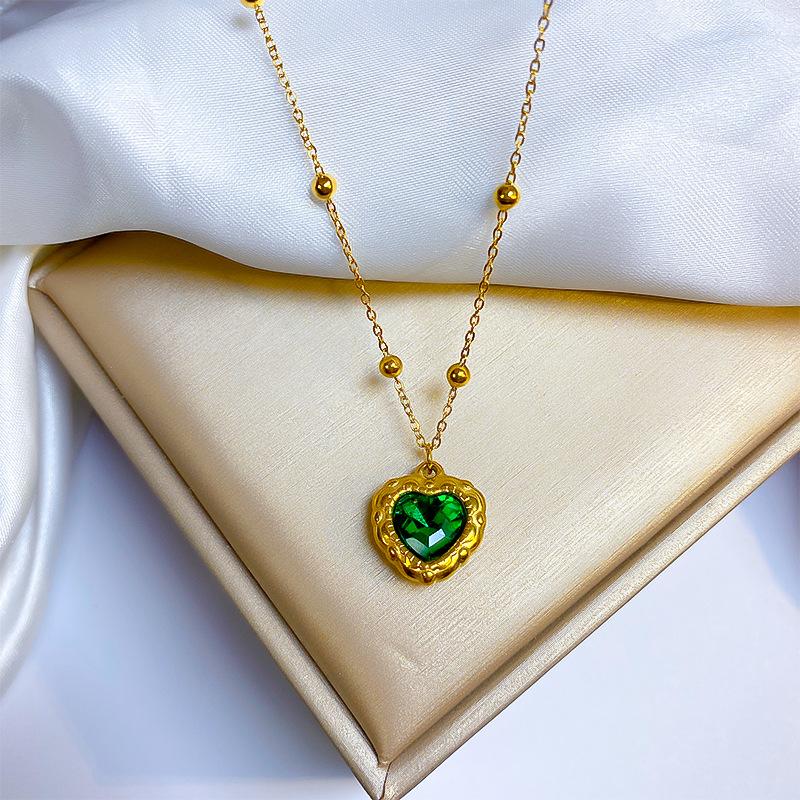 

Chains Green Heart Crystal Necklace 316L Stainless Steel Romantic Choker Gold Plate Bead Chain Retro Vintage Valentines Gifts
