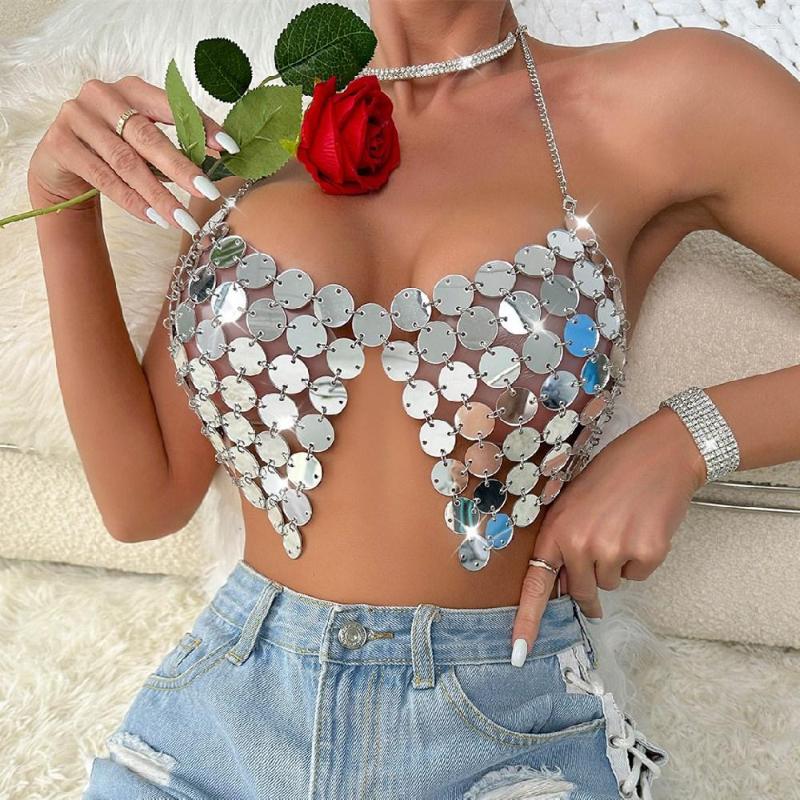 

Women's Tanks Sexy Acrylic Sequin Backless Crop Tank Tops For Women 2023 Trendy Hollow Out Strap Solid Camisole Nightclub Clothing, Silver
