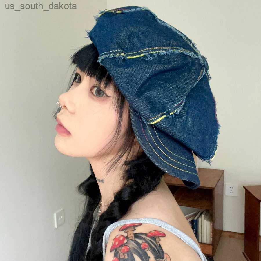 

2023 Korean Fashion Do Old Denim Rough Octagonal Hat Large Version Niche Literary Cloud Hat Trend Versatile Beret Women Mujer L230523, Blue yellow