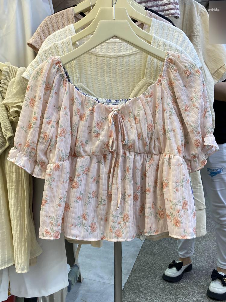 

Women's Blouses French Chic Womens Tops Floral Print Lace-up Square Collar Puff Sleeve Blouse Women Summer Female Blusas De Mujer Drop, Blue