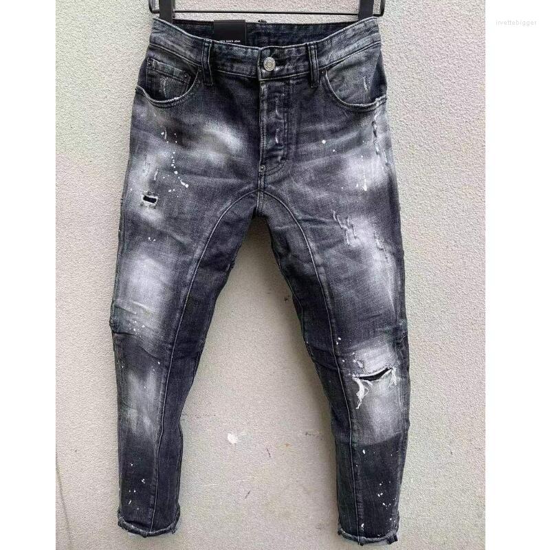 

Men's Jeans Men's Fashion Casual Hole Spliced Spray Painted Trendy Moto&Biker High Street Denim Fabric Pants T156