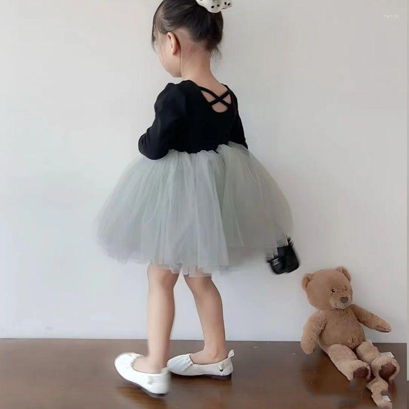 

Girl Dresses Dress Fluffy Skirt O-neck Collar Full Sleeve Pullover A-line Above Knee Length Voile Sweet Fashion Casual Comfortable Girls, Black