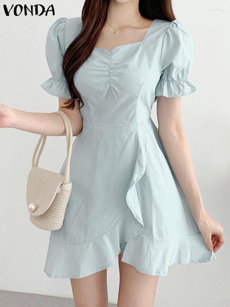 

Casual Dresses Ruffle Dress 2023 VONDA Women Summer Sundress Sexy Square Neck Short Sleeve Irregular Hem Mini Femininas Robe Femme, Blue