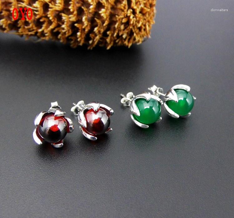 

Stud Earrings S925 Thai Silver Personality Green Agate Garnet Flower Gem