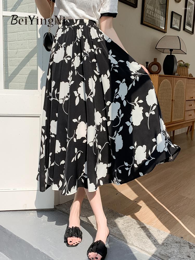 

Skirts Beiyingni Women's Skirt 2023 Fashion Casual Boho Floral Printed Swing Midi Female Korean Chic Kawaii Chiffon Cute Faldas, Black