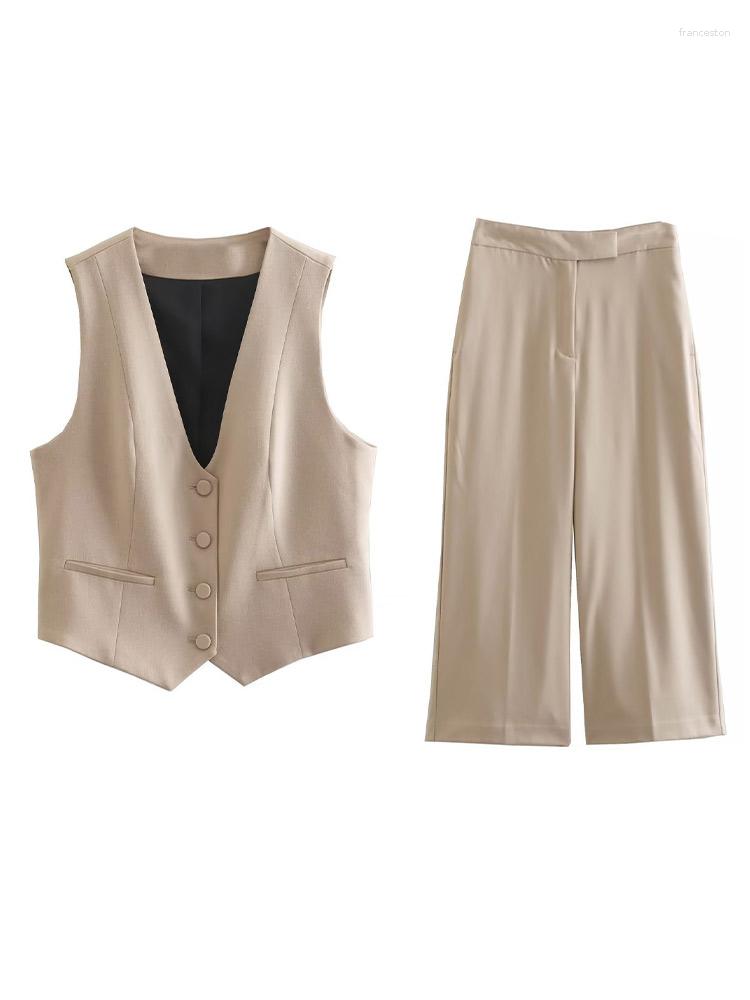 

Women's Two Piece Pants Women Fashion Solid Two-piece Suit Chic V-neck Sleeveless Tank Top High Waist Wide Leg Set 2023 Summer Lady Elegant, Vest